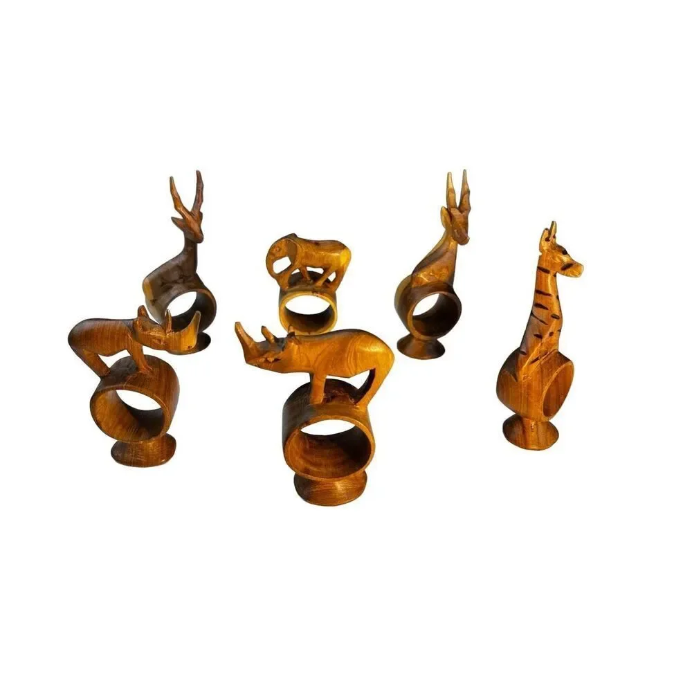 African hand Carved Teak Wood Napkin Rings, Set of 6